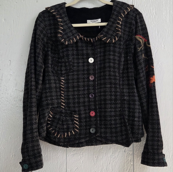 Vitrin Design Blazer Jacket Stitching Plaid Fall Embroirdered - Picture 1 of 16